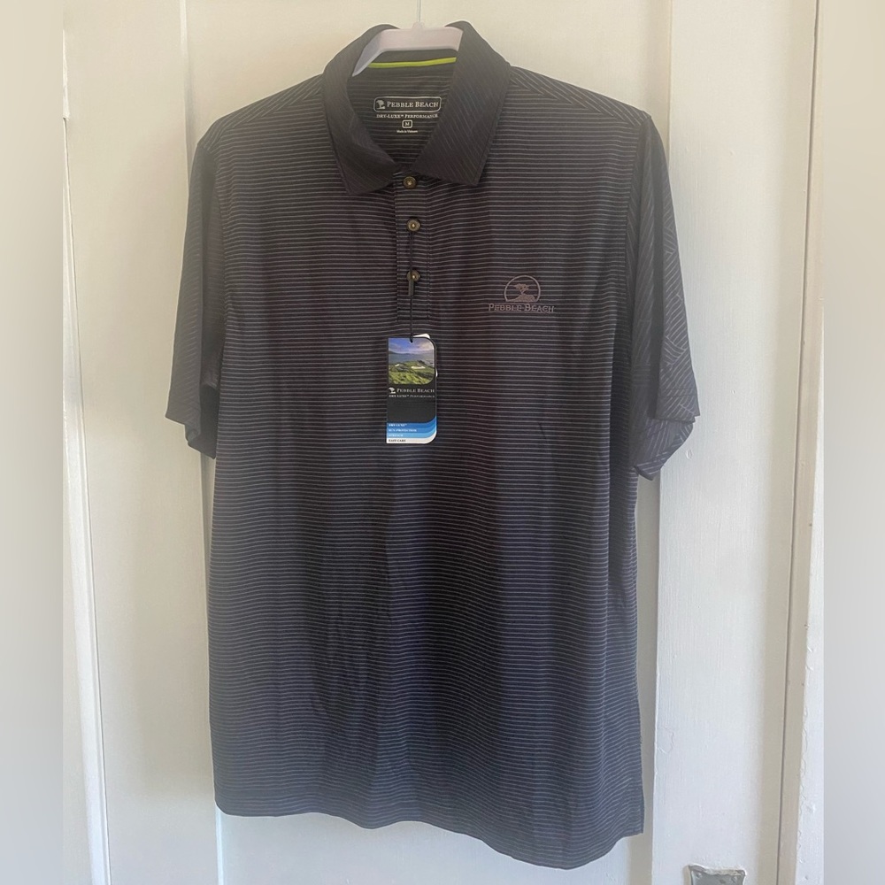 NWT Men’s Official Pebble Beach Golf Polo Shirt Black &Grey Stripes Dry-Luxe Med